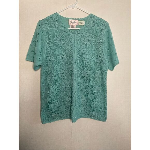 Vintage Jaclyn‎ Smith Cardigan Seed Pearls Crochet Lace Front Blue - Size Large - Picture 3 of 8